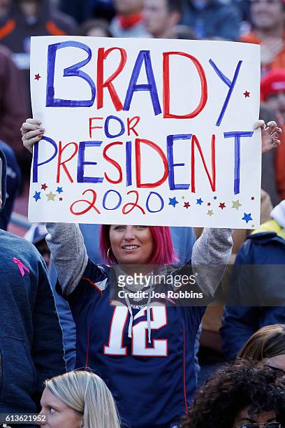 Fan of Tom Brady of the New England Patriots looks on in the second quarter of the game against the Cleveland Browns at FirstEnergy Stadium on...