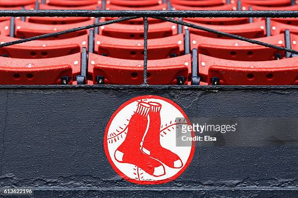 Raindrops are seen on the Boston Red Sox logo after game three of the American League Divison Series between the Boston Red Sox and the Cleveland...
