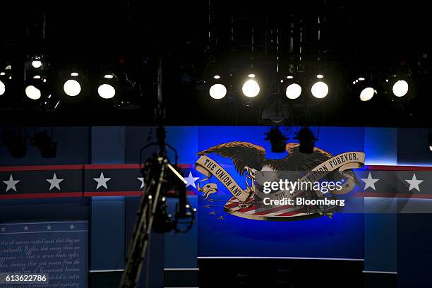 Seal that reads, "The Union and the Constitution Forever," hangs above the stage in the debate hall ahead of the second U.S. Presidential debate at...