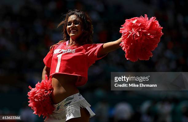 Miami Dolphins cheerleader performs during a game against the Tennessee Titans on October 9, 2016 in Miami Gardens, Florida.
