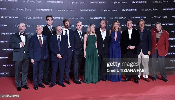 Director Paolo Sorrentino poses with the cast of his television series "The Young Pope" French actress Ludivine Sagnier , Belgian actress Cecile de...