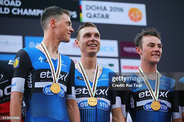 89th Road World Championships 2016 / TTT Men Elite Podium / Team ETIXX - QUICK STEP Yves LAMPAERT / Tony MARTIN / Niki TERPSTRA / Gold Medal /...