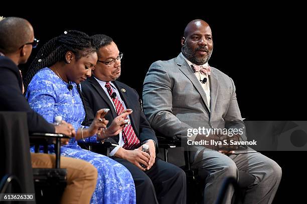 Khalil Gibran Muhammad, Margo Jefferson, Alicia Garza and Congressman Keith Ellison speak on stage during "A More Perfect Union: Obama and The Racial...