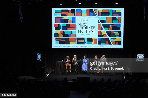 Khalil Gibran Muhammad, Margo Jefferson, Alicia Garza and Congressman Keith Ellison speak on stage during "A More Perfect Union: Obama and The Racial...