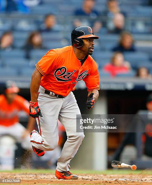 Michael Bourn of the Baltimore Orioles in action against the New York Yankees at Yankee Stadium on October 1, 2016 in the Bronx borough of New York...