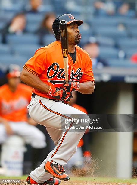 Michael Bourn of the Baltimore Orioles in action against the New York Yankees at Yankee Stadium on October 1, 2016 in the Bronx borough of New York...