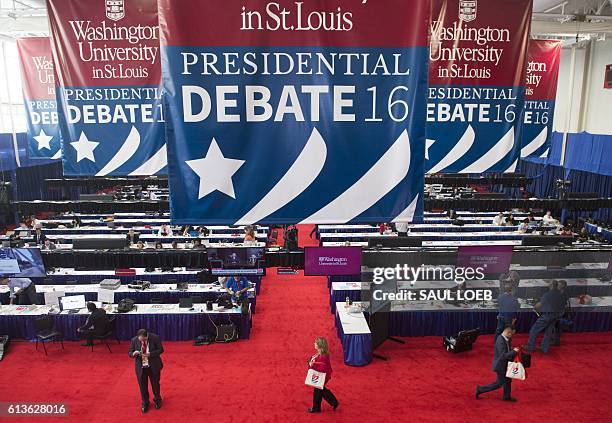 The media center is seen prior to the second presidential debate between US Democratic Presidential nominee Hillary Clinton and her Republican...