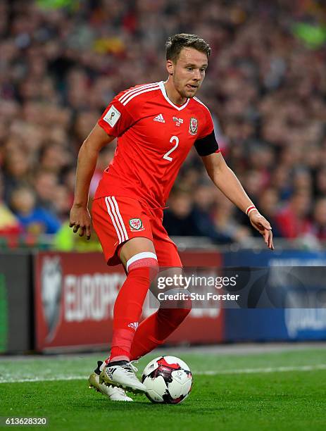 Wales player Chris Gunter in action during the FIFA 2018 World Cup Qualifier between Wales and Georgia at Cardiff City Stadium on October 9, 2016 in...
