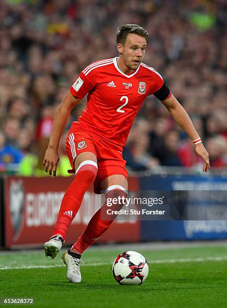 Wales player Chris Gunter in action during the FIFA 2018 World Cup Qualifier between Wales and Georgia at Cardiff City Stadium on October 9, 2016 in...