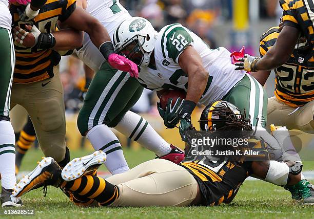 Jarvis Jones of the Pittsburgh Steelers tackles Matt Forte of the New York Jets in the second half during the game on October 9, 2016 at Heinz Field...