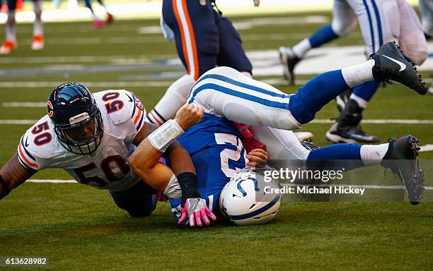 Jerrell Freeman of the Chicago Bears was called for roughing the passer on Andrew Luck of the Indianapolis Colts at Lucas Oil Stadium on October 9,...