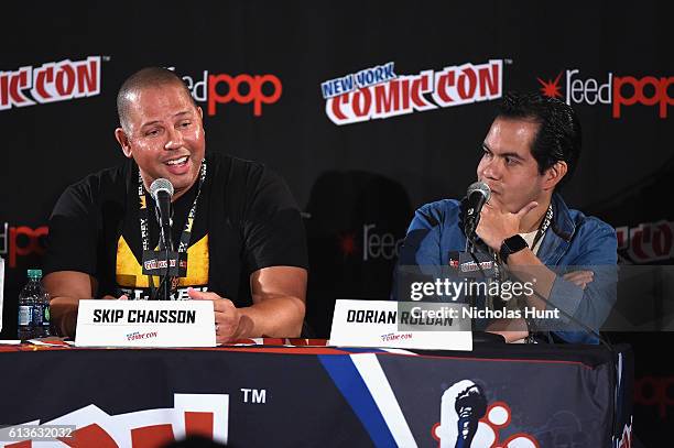 Skip Chaisson and Dorian Roldan speak onstage at Lucha Underground Panel at Javits center during 2016 New York Comic Con on October 9, 2016 in New...