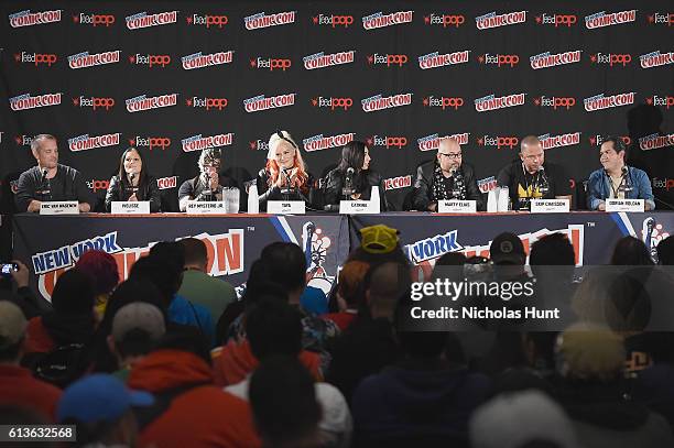 Eric Van Wagenen, Ivelisse, Rey Mysterio Jr, Taya, Catrina, Marty Elias, Skip Chaisson and Dorian Roldan speak onstage at Lucha Underground Panel at...