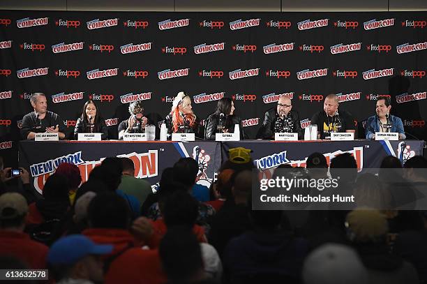Eric Van Wagenen, Ivelisse, Rey Mysterio Jr, Taya, Catrina, Marty Elias, Skip Chaisson and Dorian Roldan speak onstage at Lucha Underground Panel at...