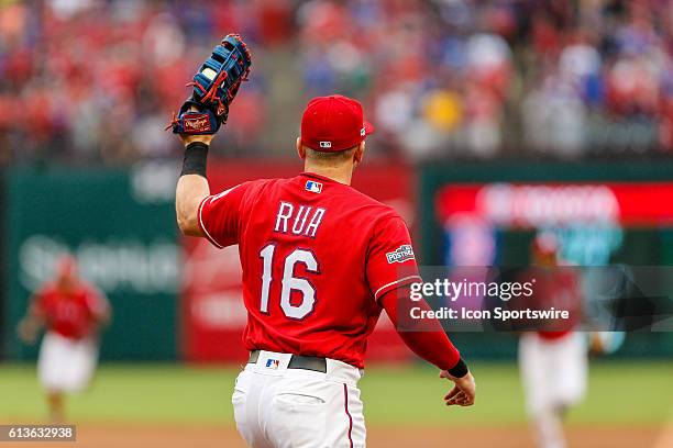 Texas Rangers first baseman Ryan Rua played first base during the game between the Texas Rangers and Toronto Blue Jays at Globe Life Park in...