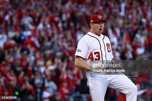 Mark Melancon of the Washington Nationals celebrates after the Washington Nationals defeated the Los Angeles Dodgers 5-2 in game two of the National...