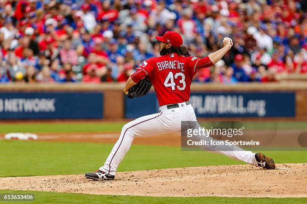 Texas Rangers relief pitcher Tony Barnette pitches in relief during the game between the Texas Rangers and Toronto Blue Jays at Globe Life Park in...