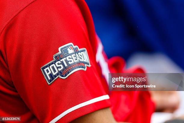 Postseason patch on a Texas Rangers uniform during the game between the Texas Rangers and Toronto Blue Jays at Globe Life Park in Arlington, Texas....