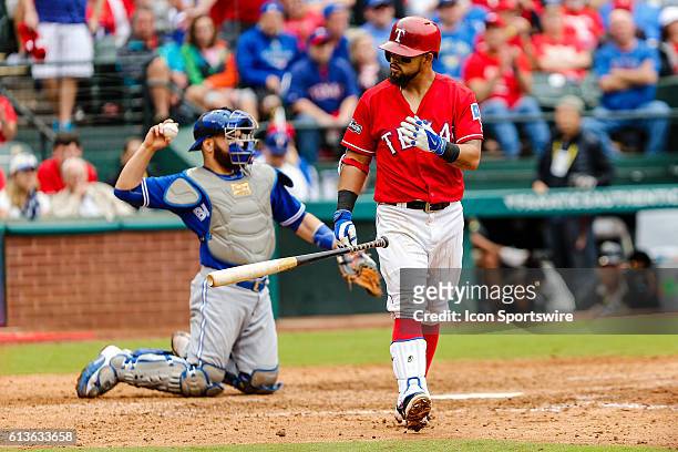 Texas Rangers second baseman Rougned Odor takes a walk during the game between the Texas Rangers and Toronto Blue Jays at Globe Life Park in...