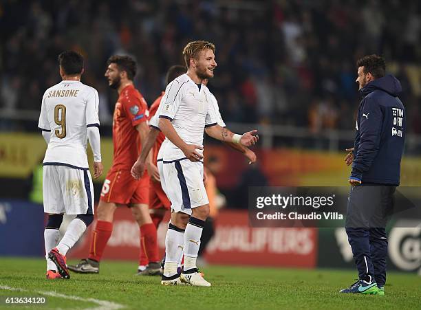 Ciro Immobile of Italy celebrates at the end of the FIFA 2018 World Cup Qualifier between FYR Macedonia and Italy at Nacionalna Arena Filip II...