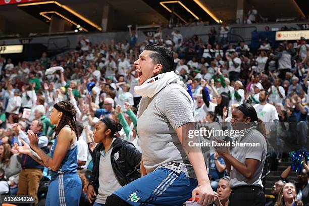 Janel McCarville of the Minnesota Lynx celebrates against the Los Angeles Sparks during Game One of the WNBA Finals on October 9, 2016 at Target...