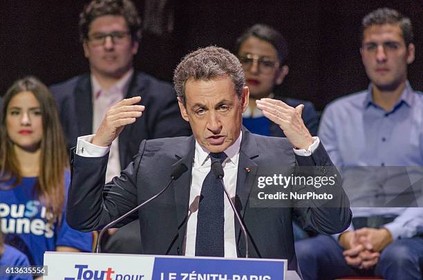 Nicolas Sarkozy running the primary elections for presidential 2017, the ex-president talking at the grand meeting of paris at &quot; le Zenith&quot;...