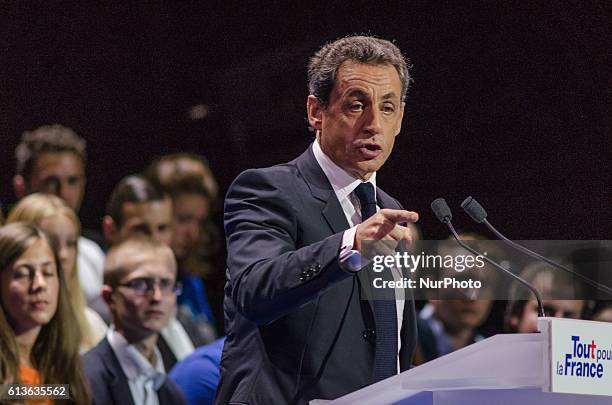 Nicolas Sarkozy running the primary elections for presidential 2017, the ex-president talking at the grand meeting of paris at &quot; le Zenith&quot;...