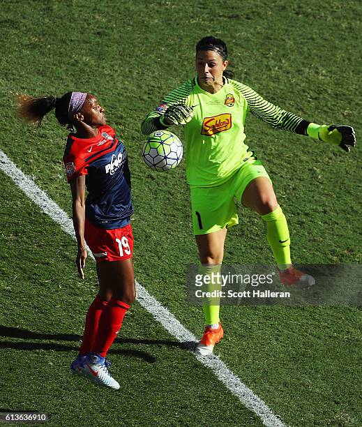 Crystal Dunn of the Washington Spirit battles for the ball with Sabrina D'Angelo of the Western New York Flash during the first half of the 2016 NWSL...