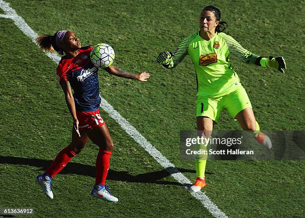 Crystal Dunn of the Washington Spirit battles for the ball with Sabrina D'Angelo of the Western New York Flash during the first half of the 2016 NWSL...