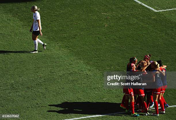 Crystal Dunn of the Washington Spirit celebrates with her teammates after her goal against the Western New York Flash during the first half of the...