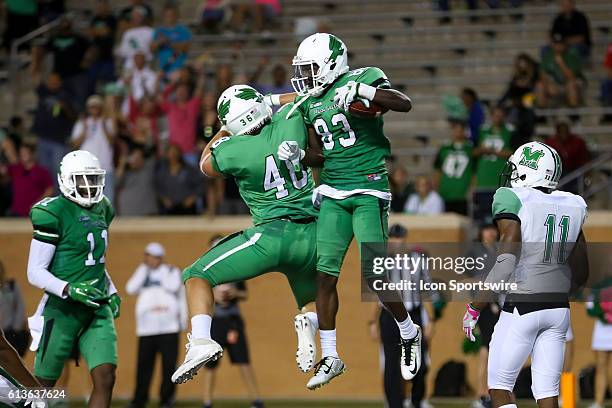 North Texas Mean Green wide receiver Tyler Wilson celebrates a touchdown during the second half against the Marshall Thundering Herd at Apogee...