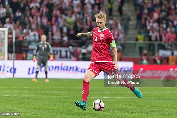Simon Kjaer during the 2018 FIFA World Cup qualification match between Poland and Denmark national football teams at National Stadium in Warsaw,...