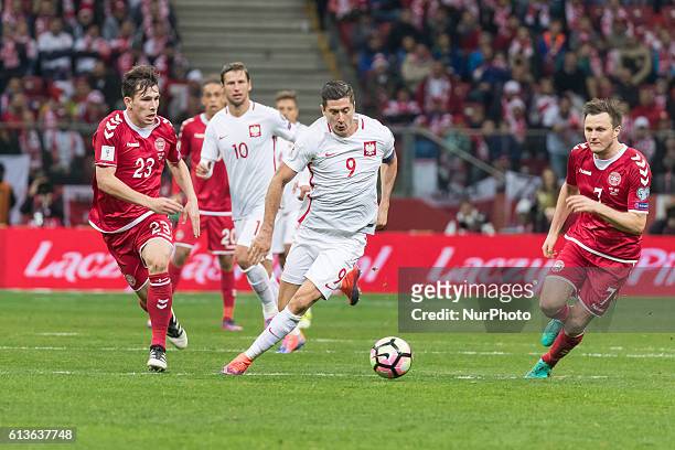 Robert Lewandowski Pierre Hojbjerg during the 2018 FIFA World Cup qualification match between Poland and Denmark national football teams at National...
