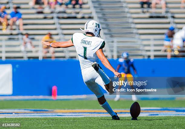 Hawaii Warriors place kicker Rigoberto Sanchez kicks off the ball to San Jose State Spartans during the Mountain West Conference game between San...