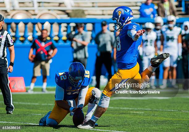 San Jose State Spartans place kicker Bryce Crawford makes an extra point during the Mountain West Conference game between San Jose State Spartans...