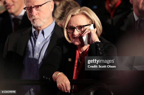 Sen. Claire McCaskill talks on her phone before the town hall debate at Washington University on October 9, 2016 in St Louis, Missouri. This is the...