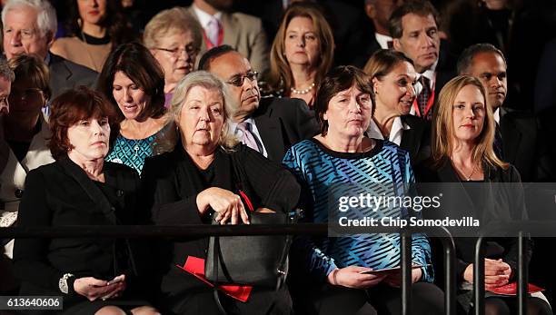 Kathleen Willey, Juanita Broaddrick and Kathy Shelton sit before the town hall debate at Washington University on October 9, 2016 in St Louis,...