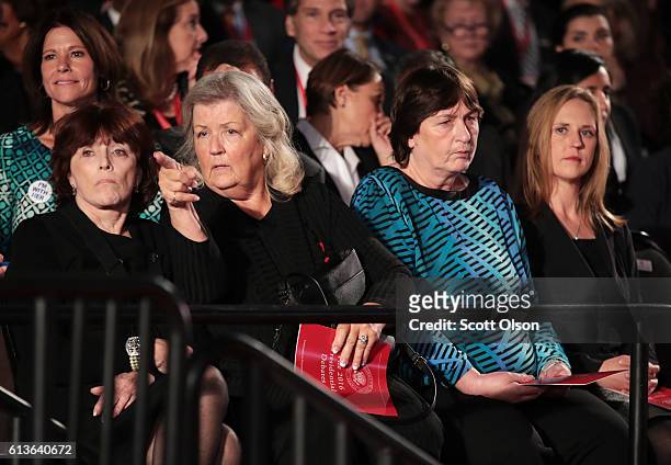 Kathleen Willey, Juanita Broaddrick and Kathy Shelton sit before the town hall debate at Washington University on October 9, 2016 in St Louis,...