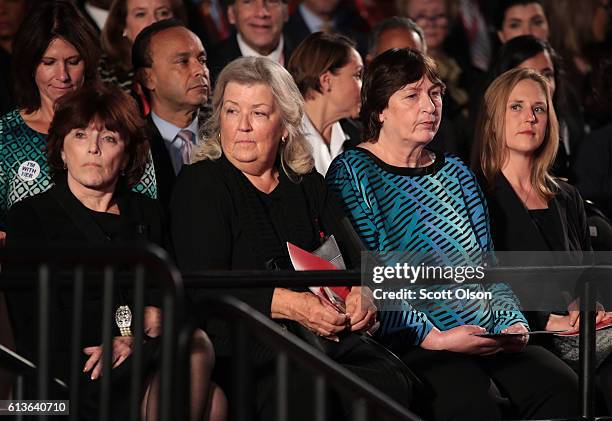 Kathleen Willey, Juanita Broaddrick and Kathy Shelton sit before the town hall debate at Washington University on October 9, 2016 in St Louis,...