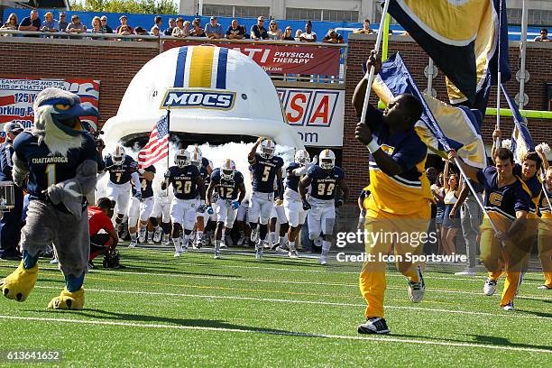 Chattanooga Mocs take the field before the NCAA football game between UT Chattanooga and Mercer University. Chattanooga remains undefeated at 6 - 0...