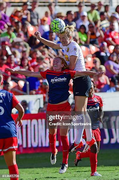 Flash midfielder Samantha Mewis and Washington Spirit midfielder Tori Huster fight for a header during the 2016 NWSL Championship soccer match...