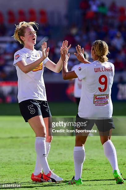 Flash midfielder Samantha Mewis is congratulated by WNY Flash forward Lynn Williams for her first half goal during the 2016 NWSL Championship soccer...