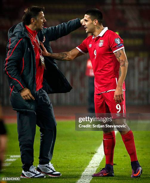 Aleksandar Mitrovic celebrate scoring a goal with the Mladen Krstajic of Serbia during the FIFA 2018 World Cup Qualifier between Serbia and Austria...