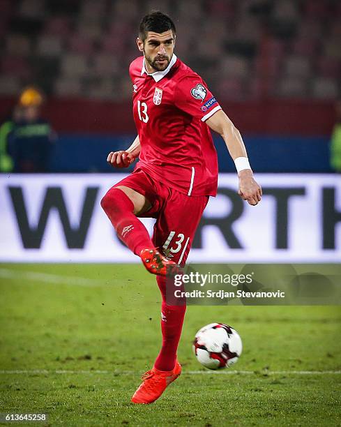Stefan Mitrovic of Serbia in action during the FIFA 2018 World Cup Qualifier between Serbia and Austria at stadium Rajko Mitic on October 9, 2016 in...