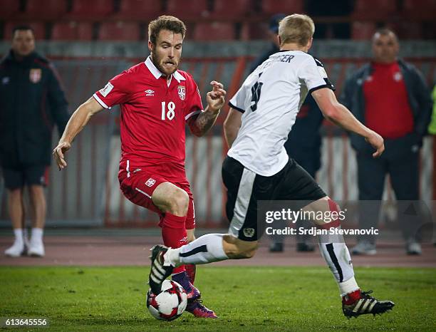 Aleksandar Katai of Serbia in action during the FIFA 2018 World Cup Qualifier between Serbia and Austria at stadium Rajko Mitic on October 9, 2016 in...