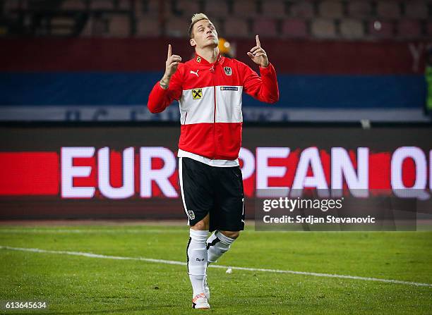 Marko Arnautovic of Austria pray prior the FIFA 2018 World Cup Qualifier between Serbia and Austria at stadium Rajko Mitic on October 9, 2016 in...