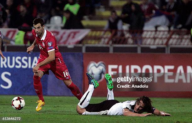 Luka Milivojevic of Serbia is in action during the FIFA 2018 World Cup Qualifier between Serbia and Austria at Rajko Mitic Stadium on October 9, 2016...