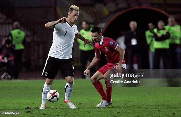 Marko Arnautovic of Austria is in action during the FIFA 2018 World Cup Qualifier between Serbia and Austria at Rajko Mitic Stadium on October 9,...