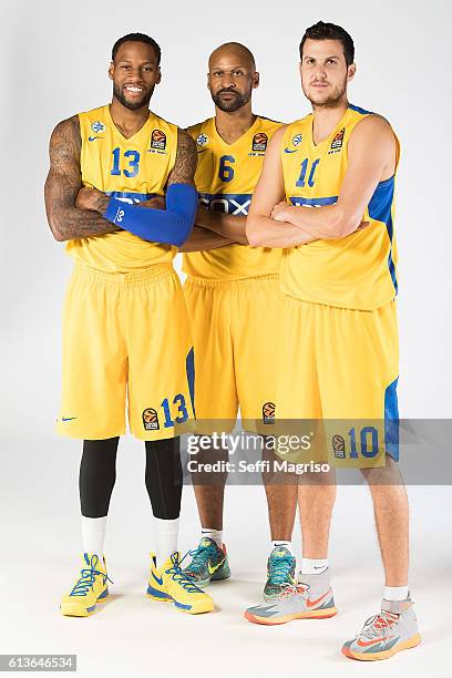 Sonny Weems of Maccabi Fox Tel Aviv; Devin Smith and Guy Pnini pose during the 2016/2017 Turkish Airlines EuroLeague Media Day at Menora Mivtachim...