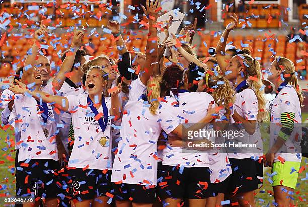 Members of the Western New York Flash celebrate after defeating the Washington Spirit in a shootout during the 2016 NWSL Championship at BBVA Compass...